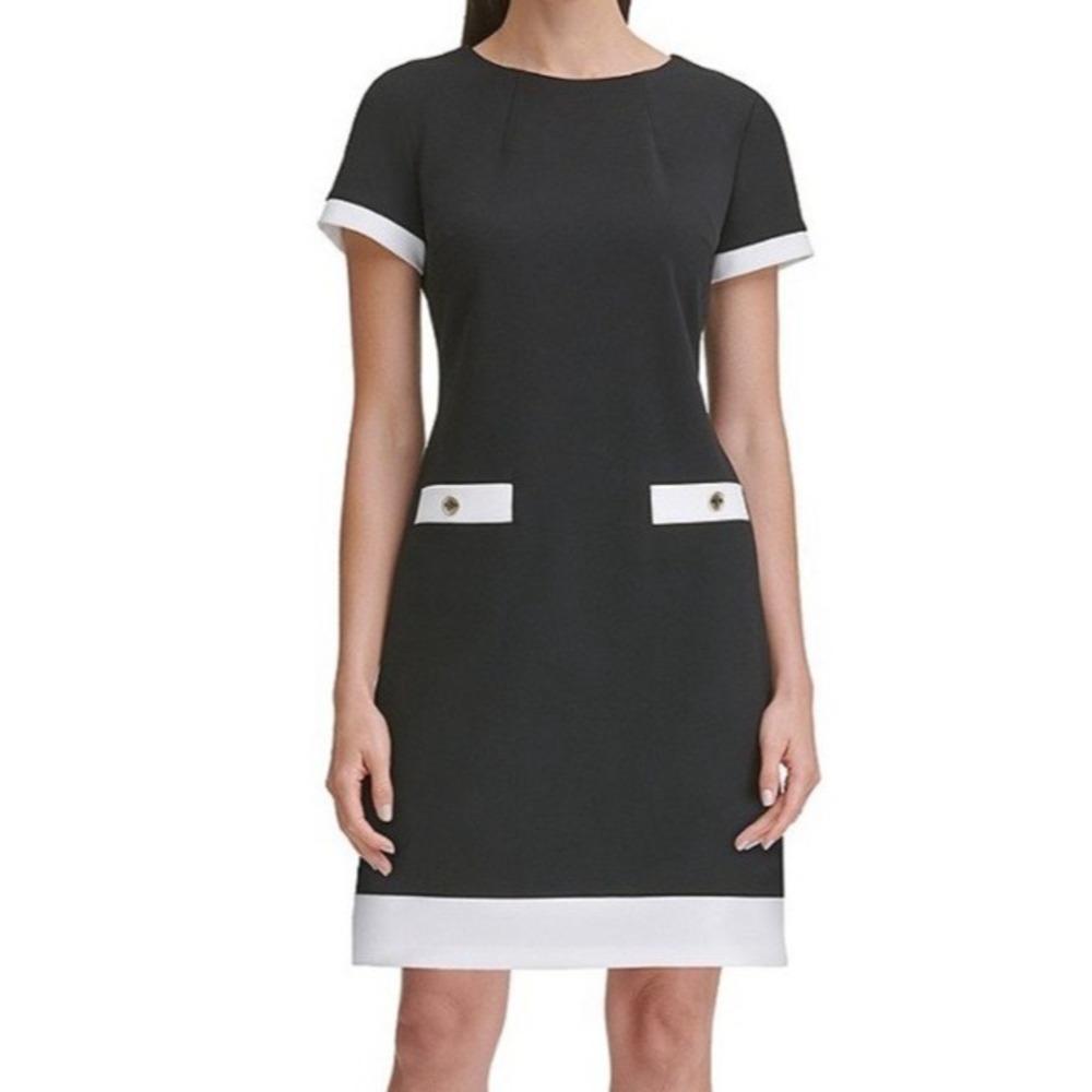 TOMMY HILFIGER Dress Size 4 Black Blush Pink Short Sleeve Pocket Front